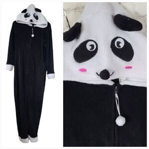 Juniors PJ Couture Panda Pajamas Black Fleece Blanket Jumpsuit Small Onesie Hood